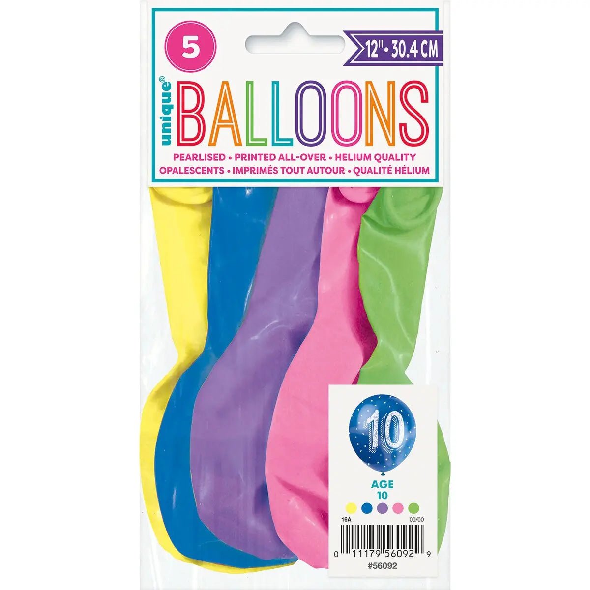 10th Birthday Pearl Latex Balloons 30cm (12") 5pk Assorted Colours - Party Owls