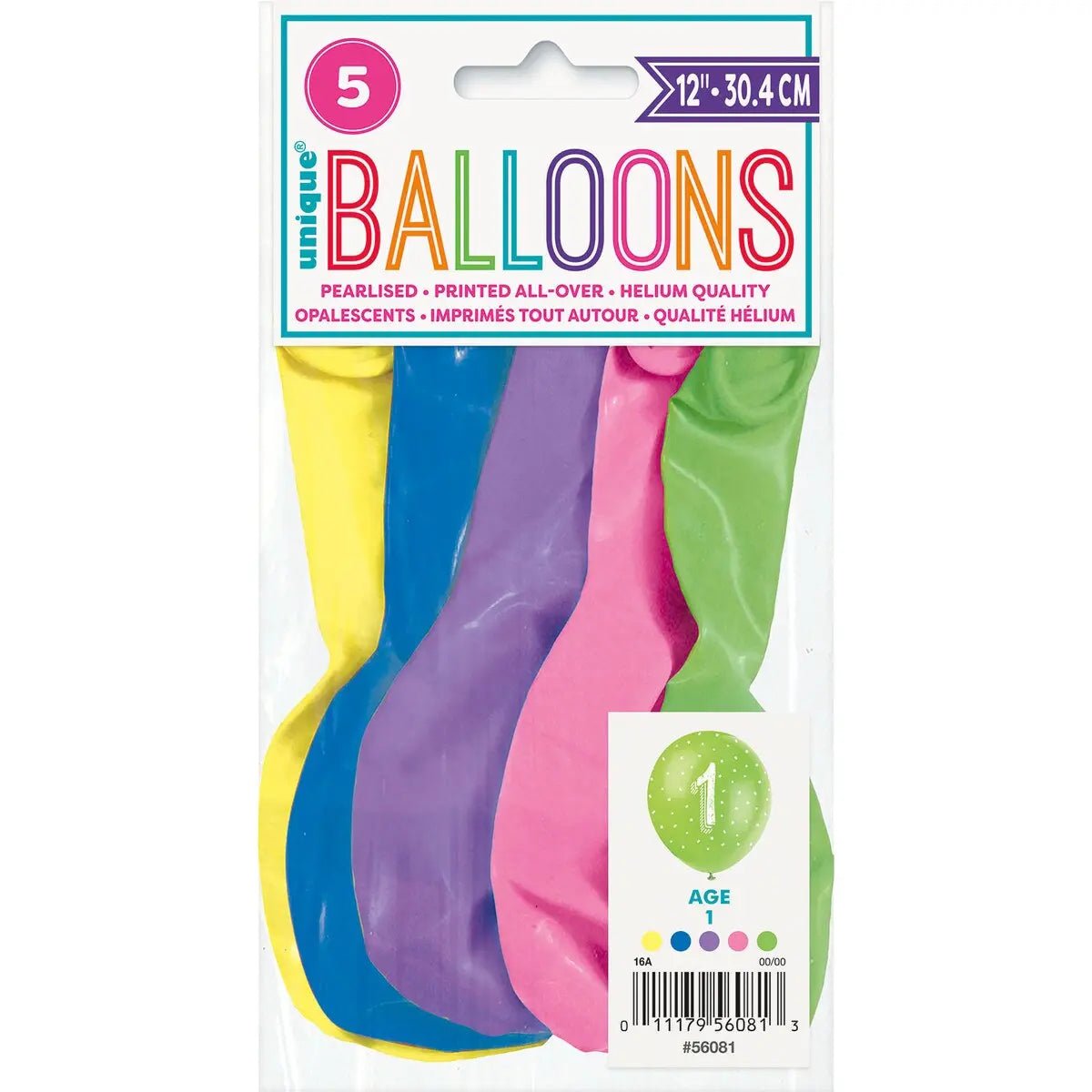 1st Birthday Pearl Latex Balloons 30cm (12") 5pk Assorted Colours - Party Owls