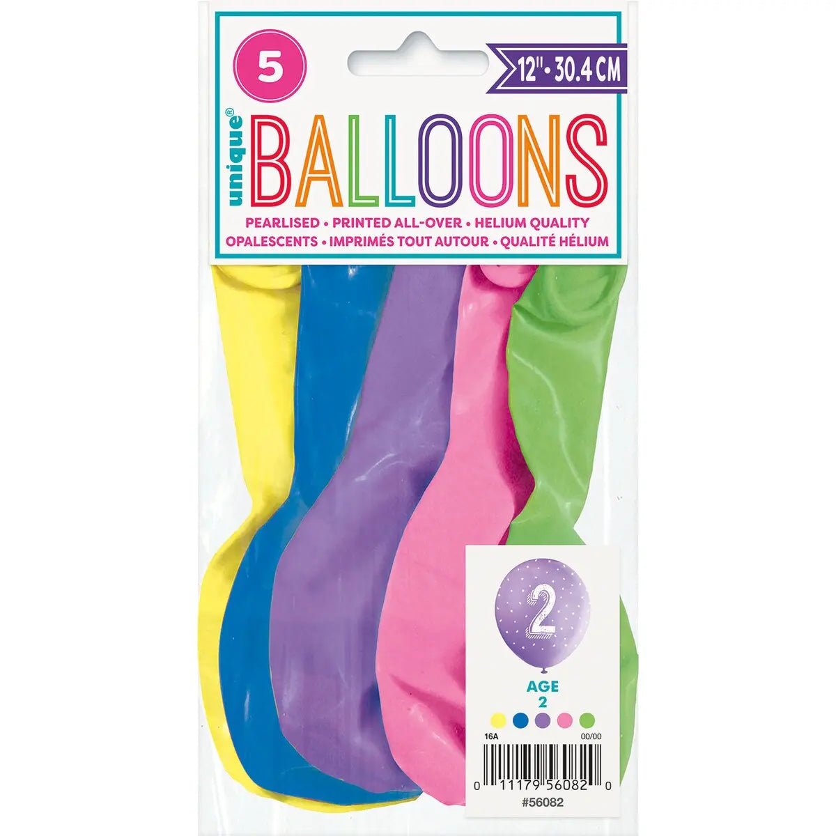 2nd Birthday Pearl Latex Balloons 30cm (12") 5pk Assorted Colours - Party Owls