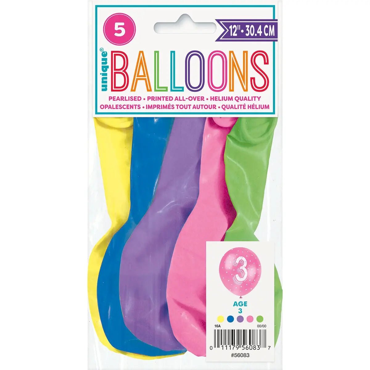 3rd Birthday Pearl Latex Balloons 30cm (12") 5pk Assorted Colours - Party Owls