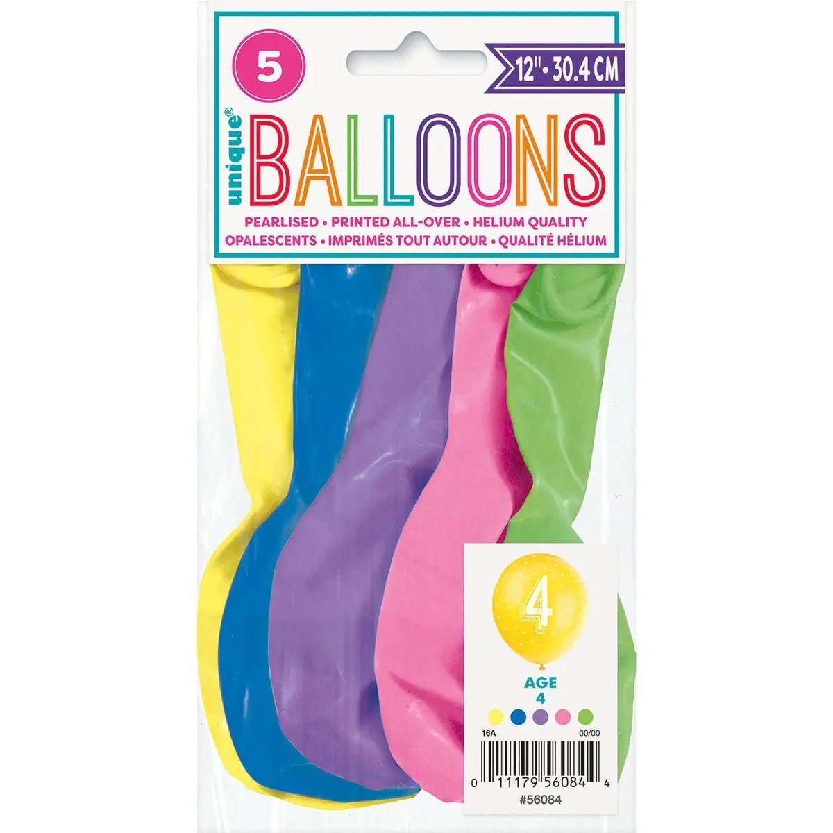 4th Birthday Pearl Latex Balloons 30cm (12") 5pk Assorted Colours - Party Owls