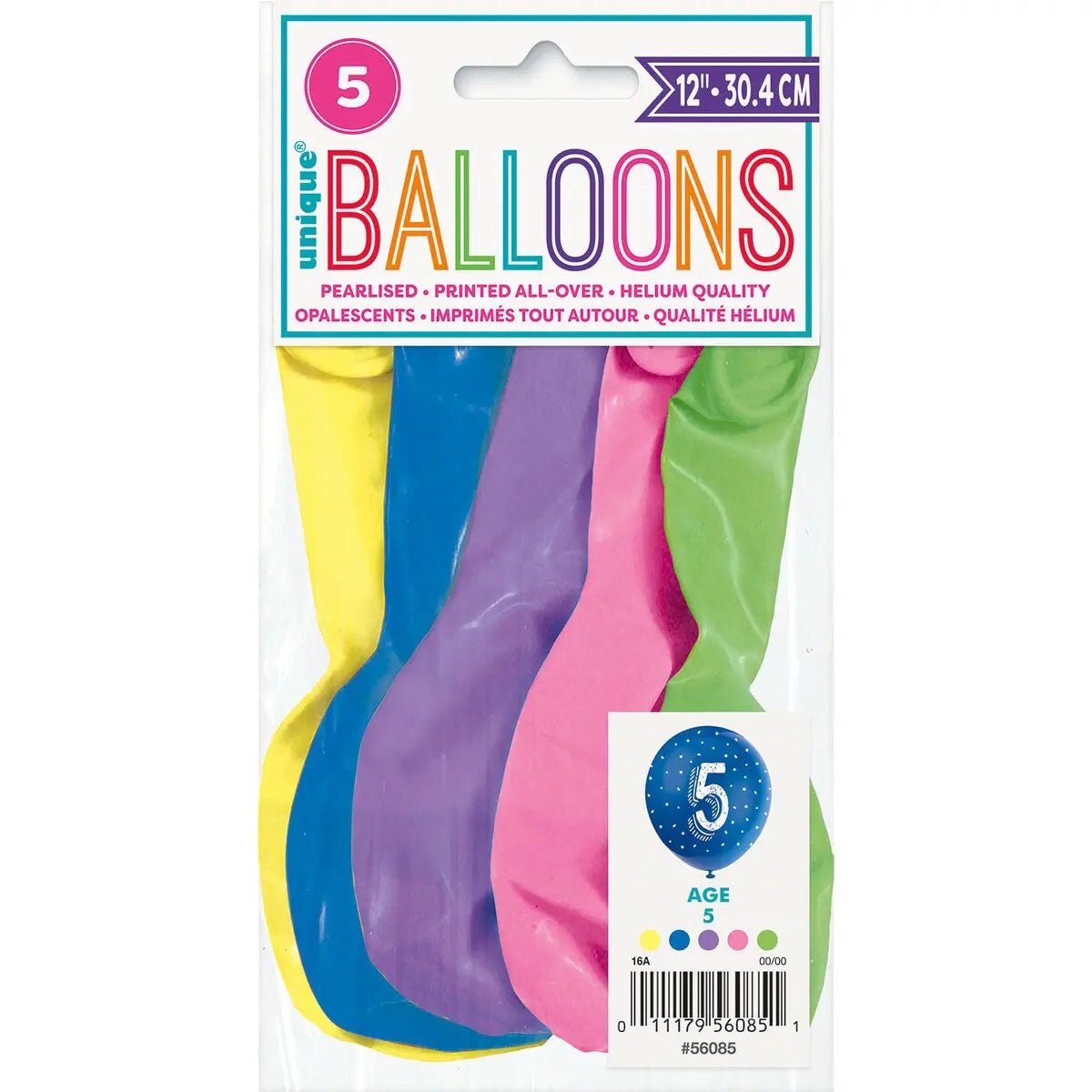 5th Birthday Pearl Latex Balloons 30cm (12") 5pk Assorted Colours - Party Owls