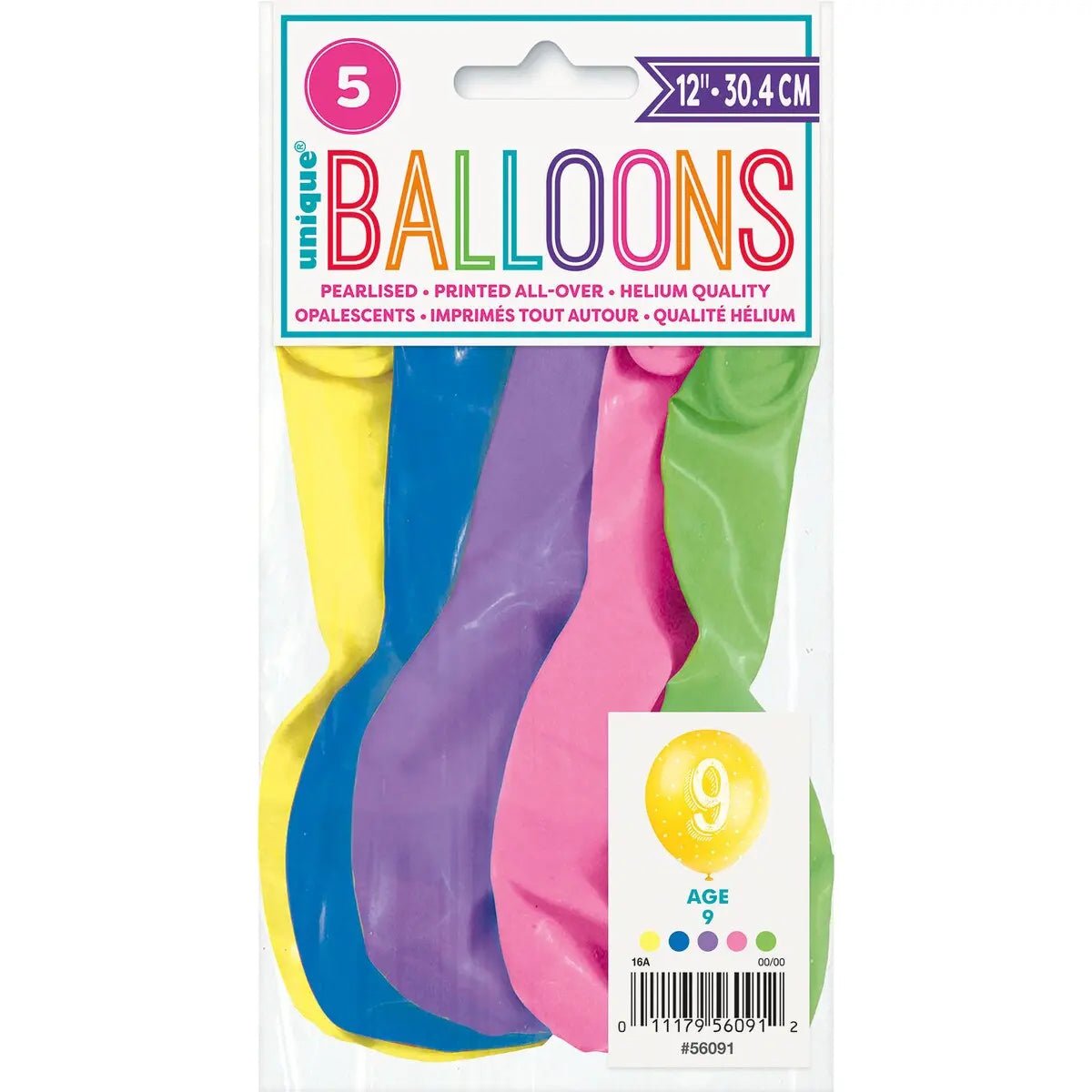 9th Birthday Pearl Latex Balloons 30cm (12") 5pk Assorted Colours - Party Owls