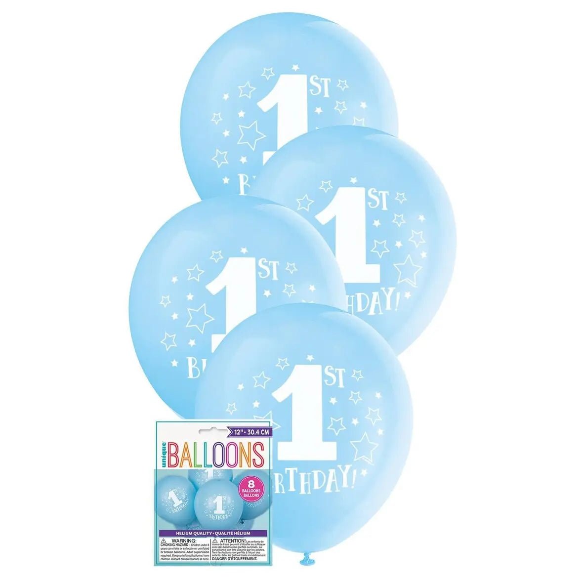 Blue 1st Birthday Stars Latex Balloons 30cm (12") 8pk - Party Owls