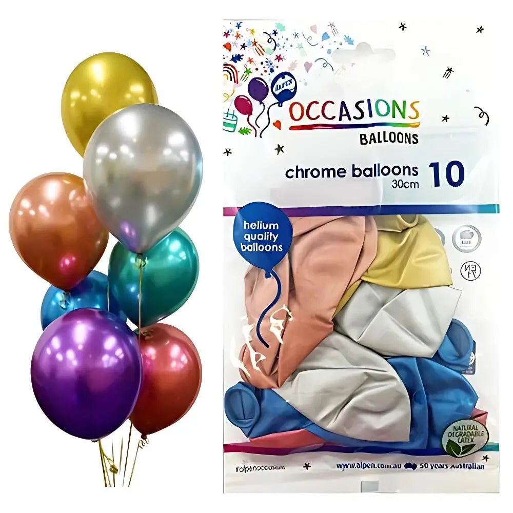 Chrome Multi - colour Latex Balloons 30cm (12") 10pk - Party Owls