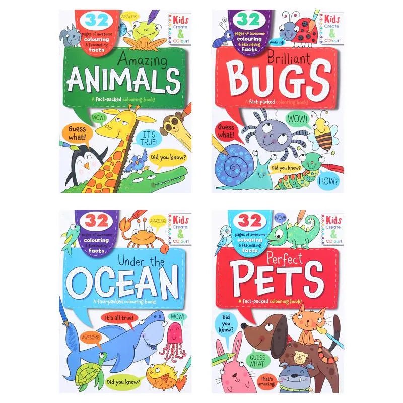 Colouring Books 4pk A4 32 - Page Animals Bugs Ocean Pets - Party Owls