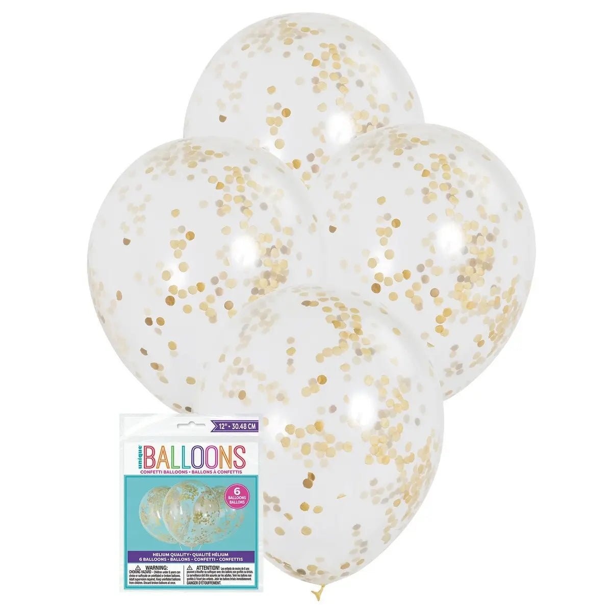 Gold Confetti Latex Balloons 30cm (12") 6pk Pre - filled - Party Owls