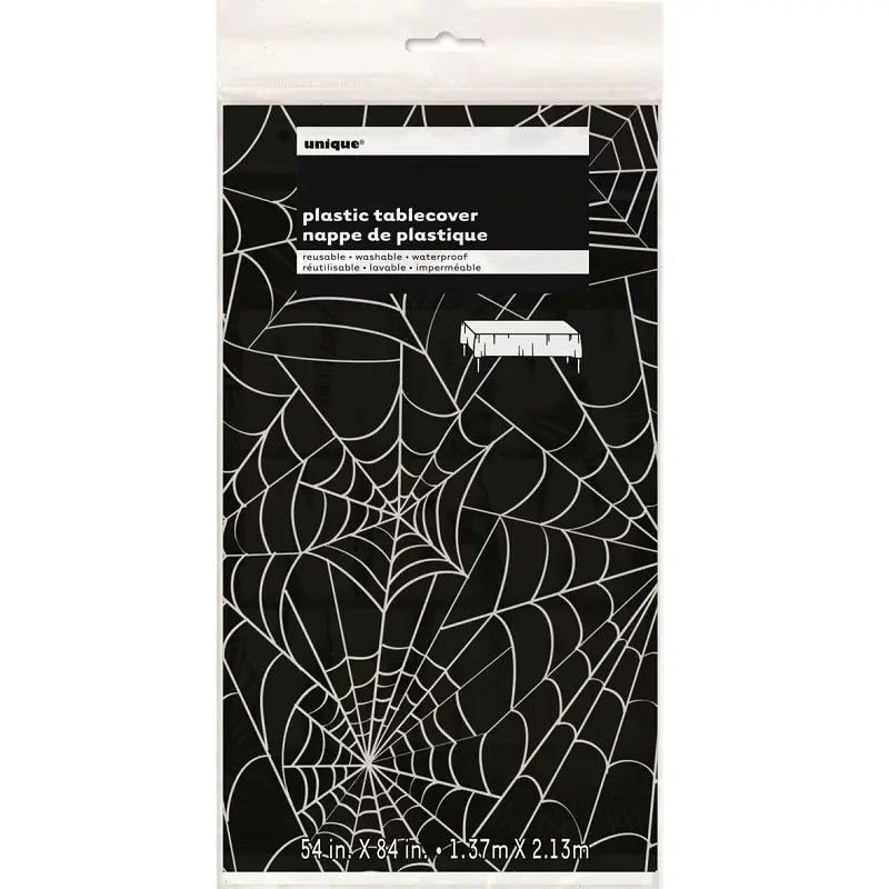 Halloween Black With White Spiderweb Plastic Table Cover Tablecloth - Party Owls