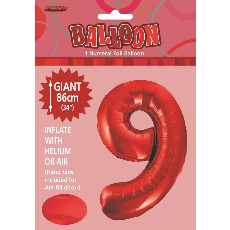 Red Number 9 Giant Numeral Foil Balloon 86cm (34") - Party Owls