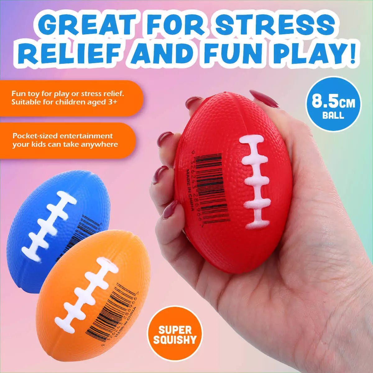 Squeeze Me Football Stress Relief Balls 8.5cm 6pk Assorted Colours - Party Owls