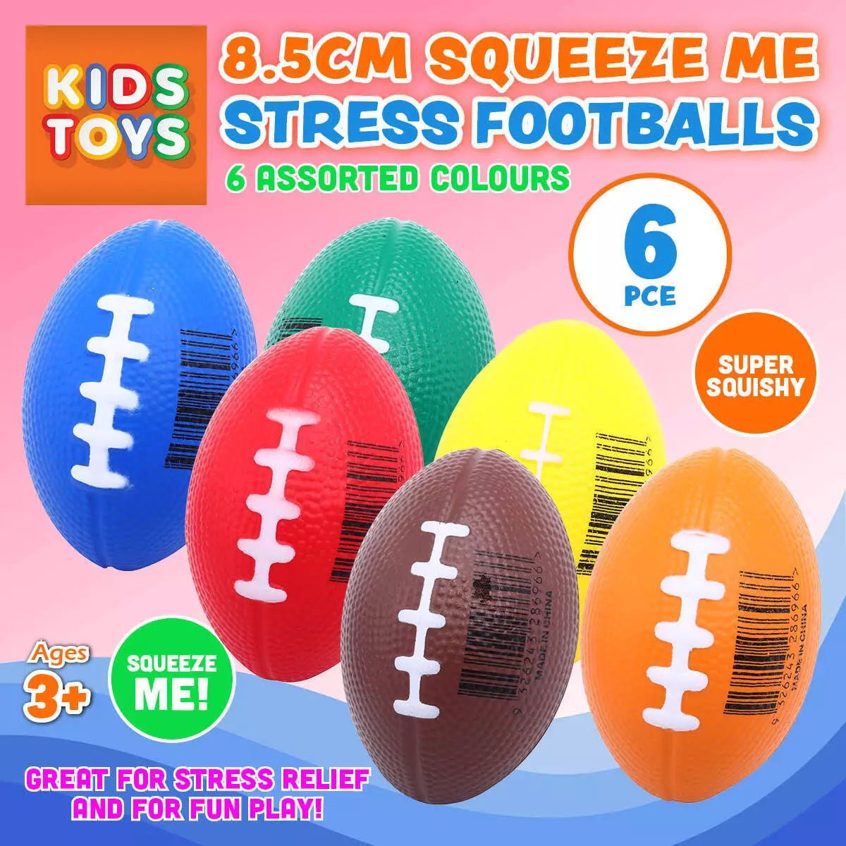 Squeeze Me Football Stress Relief Balls 8.5cm 6pk Assorted Colours - Party Owls