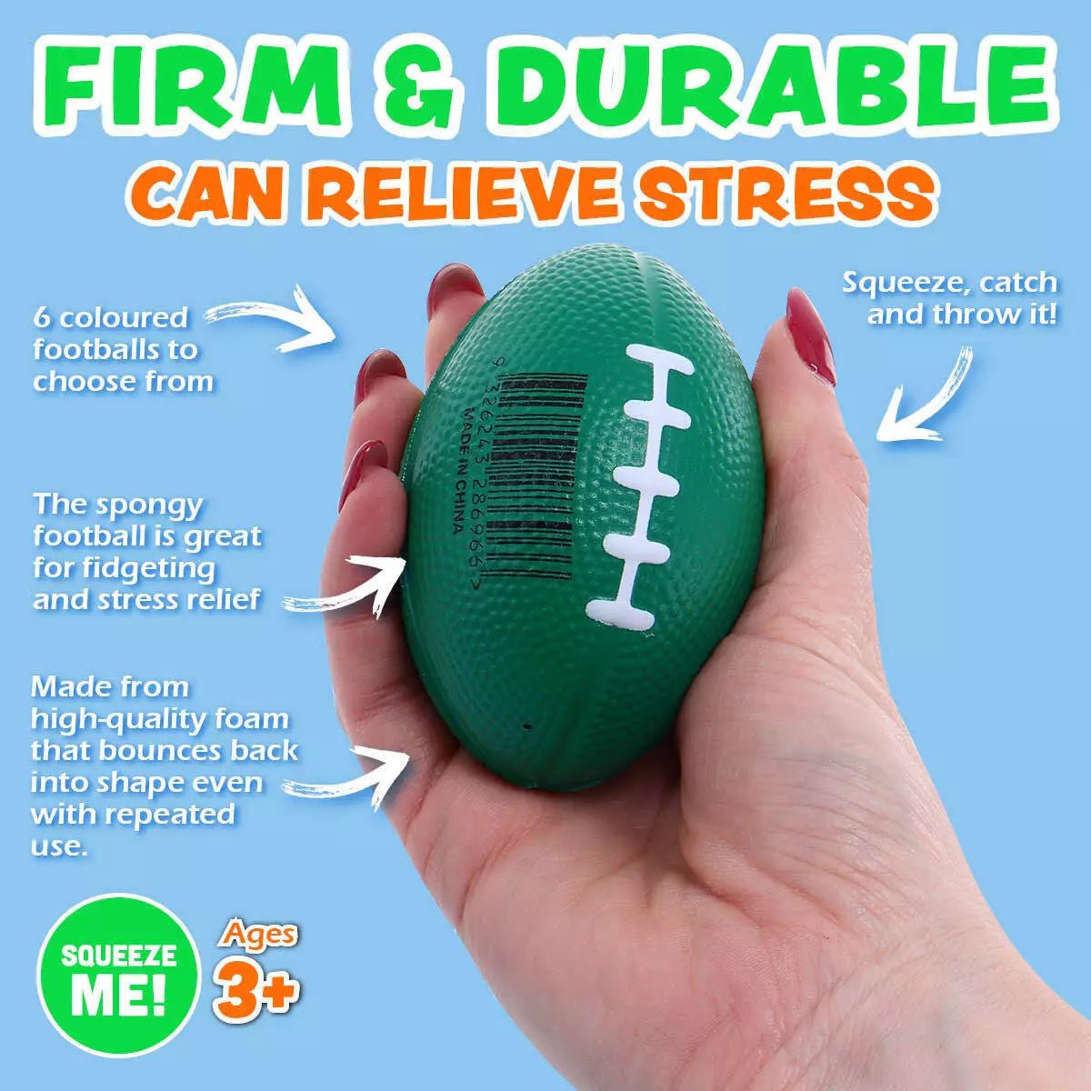 Squeeze Me Football Stress Relief Balls 8.5cm 6pk Assorted Colours - Party Owls