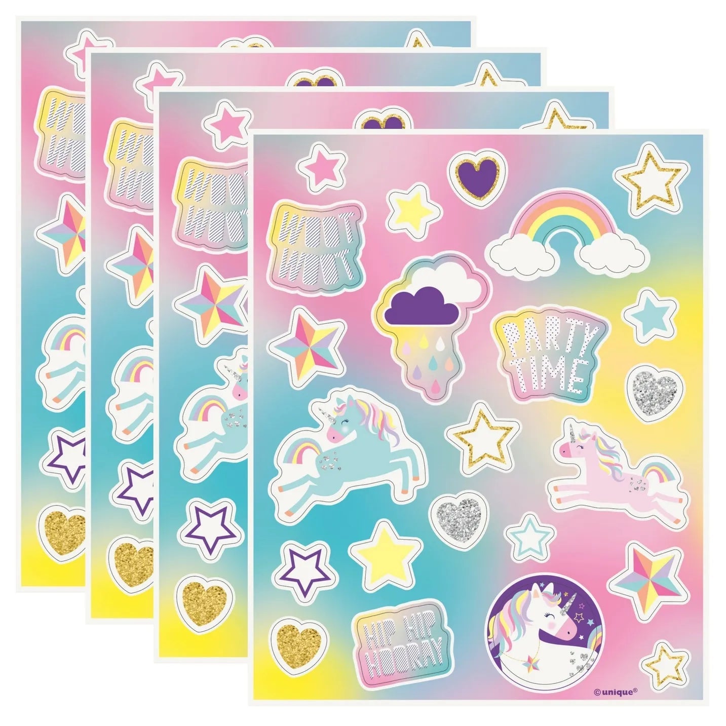 Unicorn Sticker Sheets 92pk (4 Sheets) Party Favours - Party Owls