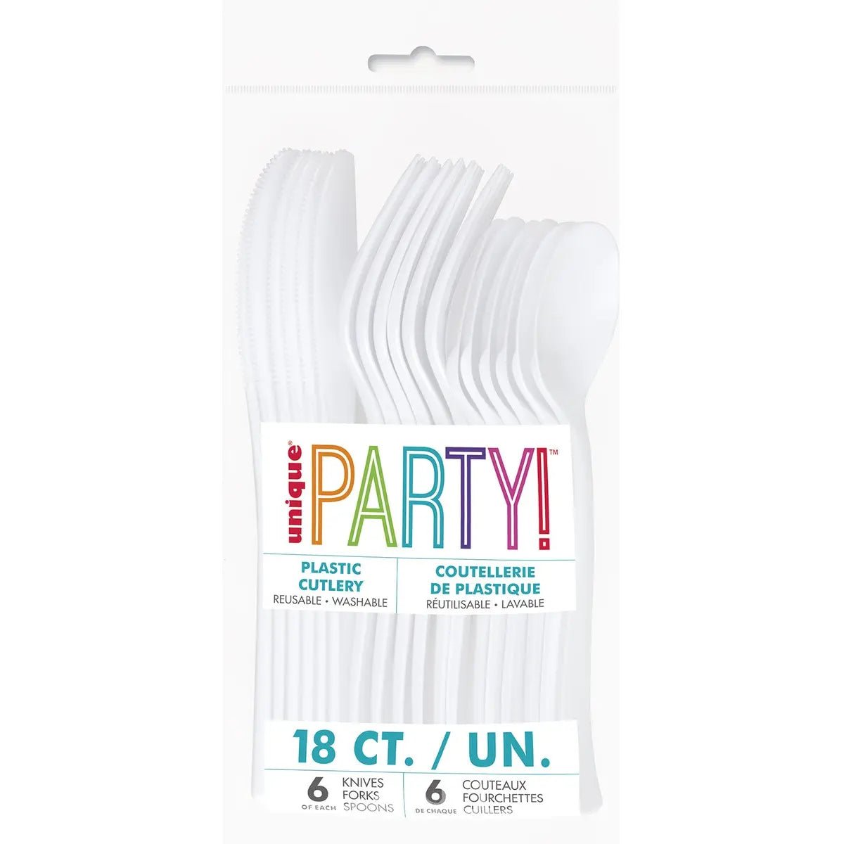 White Solid Colour Plastic Assorted Cutlery 18pk Reusable - Party Owls