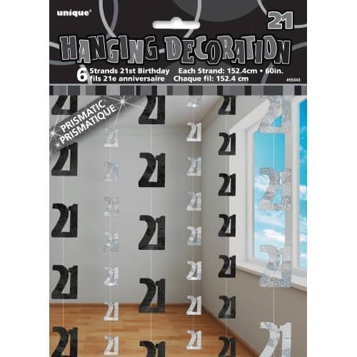 Glitz Black & Silver 21st Birthday Hanging Decorations 1.5m (5') 6pk 55343 - Party Owls