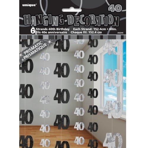 Glitz Black & Silver 40th Birthday Hanging Decorations 1.5m (5') 6pk 55345 - Party Owls