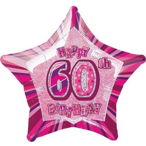 Glitz Pink And Silver 60th Birthday Star Shape Foil Balloon 50cm (20") 55115 - Party Owls