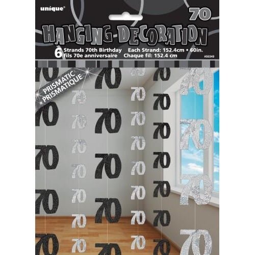 Glitz Black & Silver 70th Birthday Hanging Decorations 1.5m (5') 6pk 55349 - Party Owls