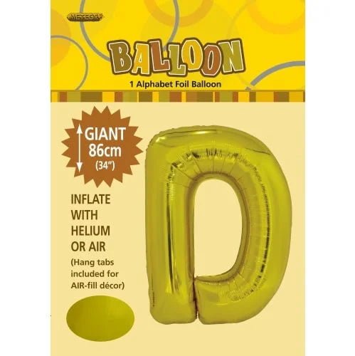 86CM (34") Gold Letter D Giant Jumbo Alphabet Helium Foil Balloon 43163 - Party Owls