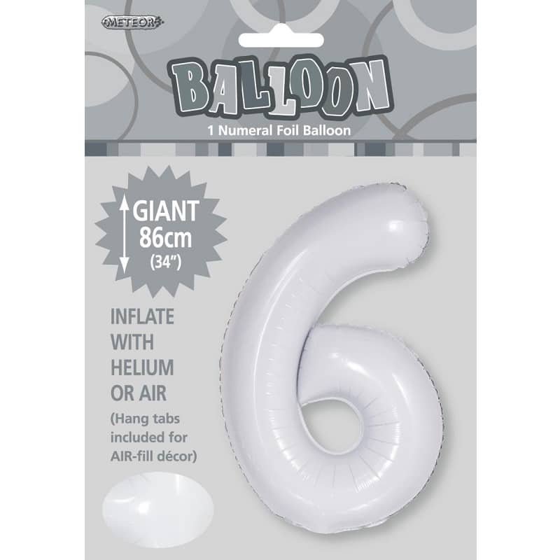 White Number 6 Giant Numeral Foil Balloon 86CM (34") 50676 - Party Owls