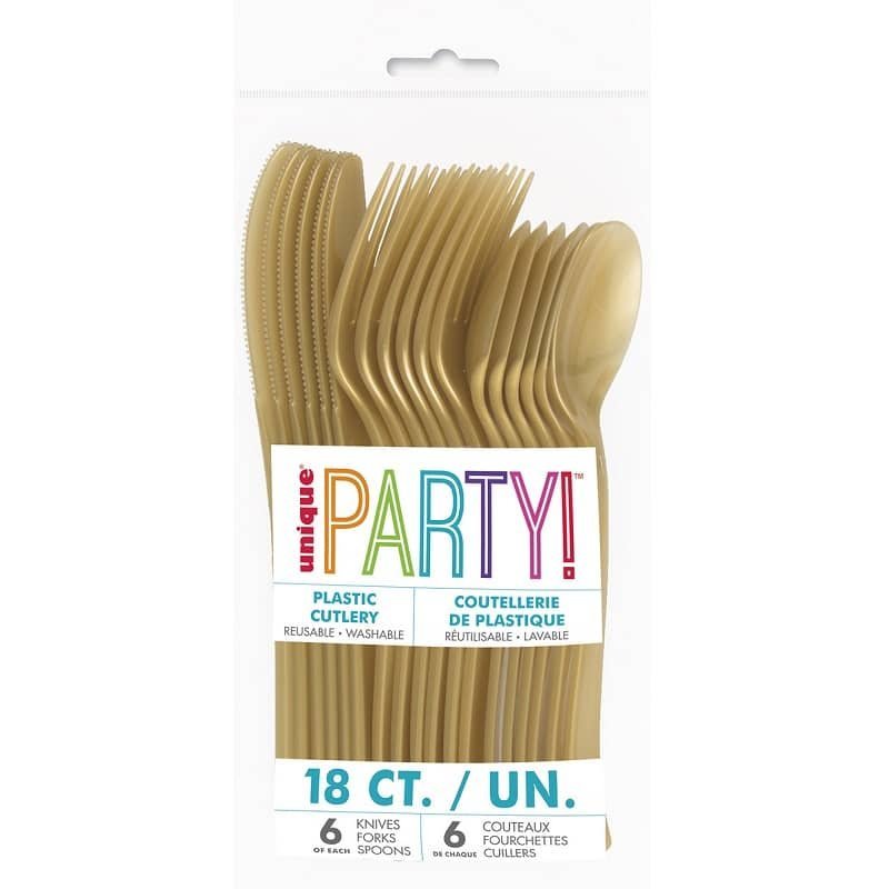 Gold Solid Colour Plastic Assorted Cutlery 18pk Reusable 39505 - Party Owls