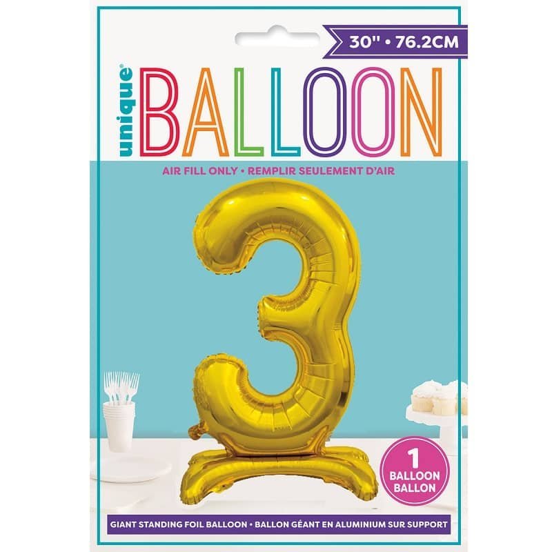 Gold "3" Giant Standing Numeral Foil Balloon 76cm (30") Air Filled Only 13233 - Party Owls