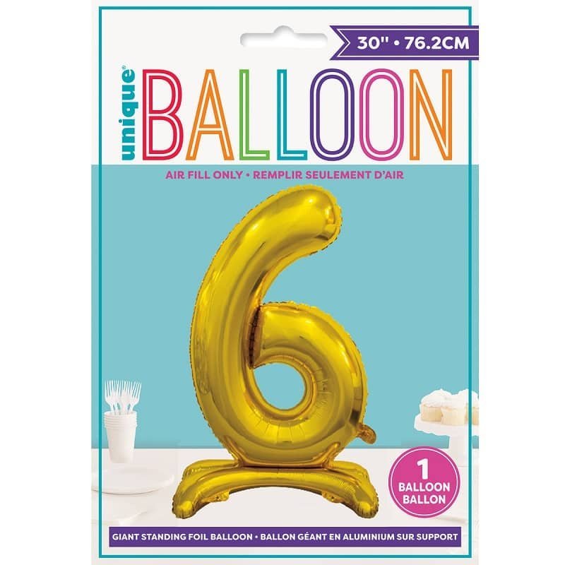 Gold "6" Giant Standing Numeral Foil Balloon 76cm (30") Air Filled Only 13236 - Party Owls