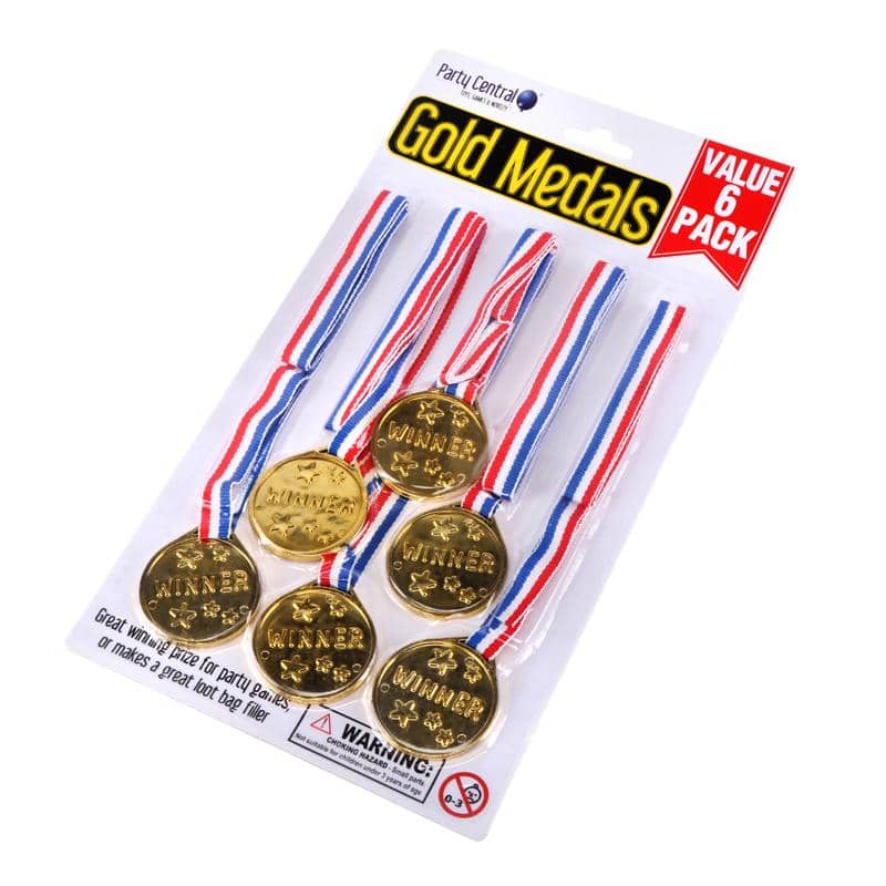 Gold Winner Medals With Ribbon 6pk Party Favours - Party Owls