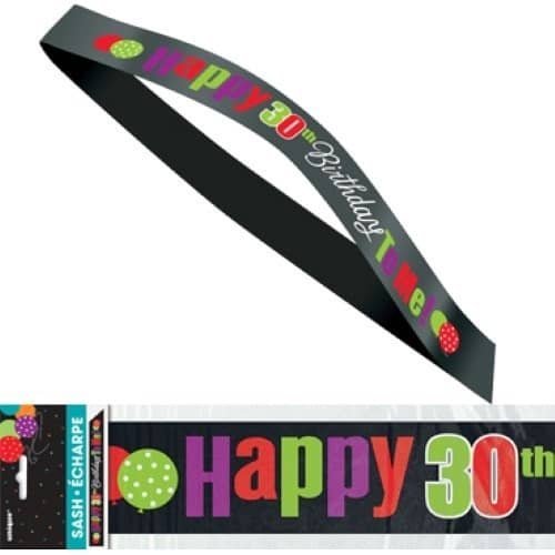 Happy 30th Birthday Black Satin Sash 45869 - Party Owls