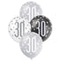 Black Silver White 30th Birthday Latex Balloons 30cm (12") 6pk 83385 - Party Owls