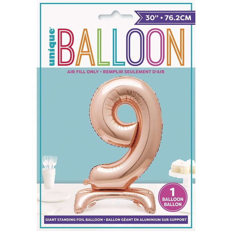 Rose Gold "9" Giant Standing Numeral Foil Balloon 76cm (30") Air Filled Only - Party Owls