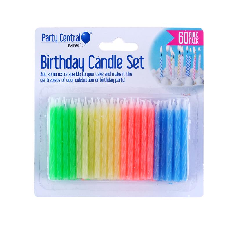 Stripe Candles 6cm 60pk Assorted Colours - Party Owls