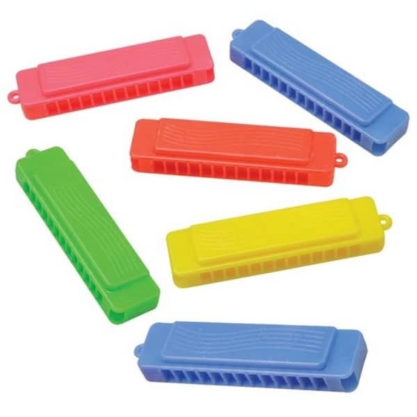 Neon Coloured Harmonica Shape Whistles 6pk Party Favours  E3709 - Party Owls